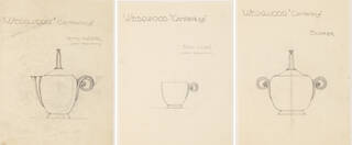 three annotated pencil drawings of a cup and two pots with lids